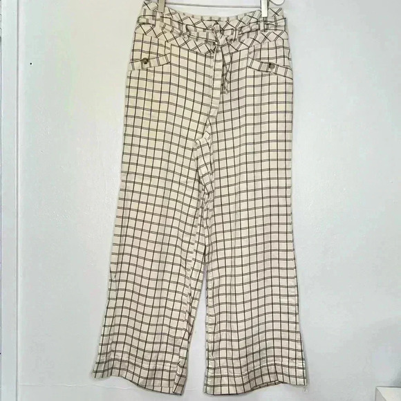 Anthropologie Windowpane Trousers Wide Leg High Rise Belted Ivory‎ Sz M - Picture 3 of 15